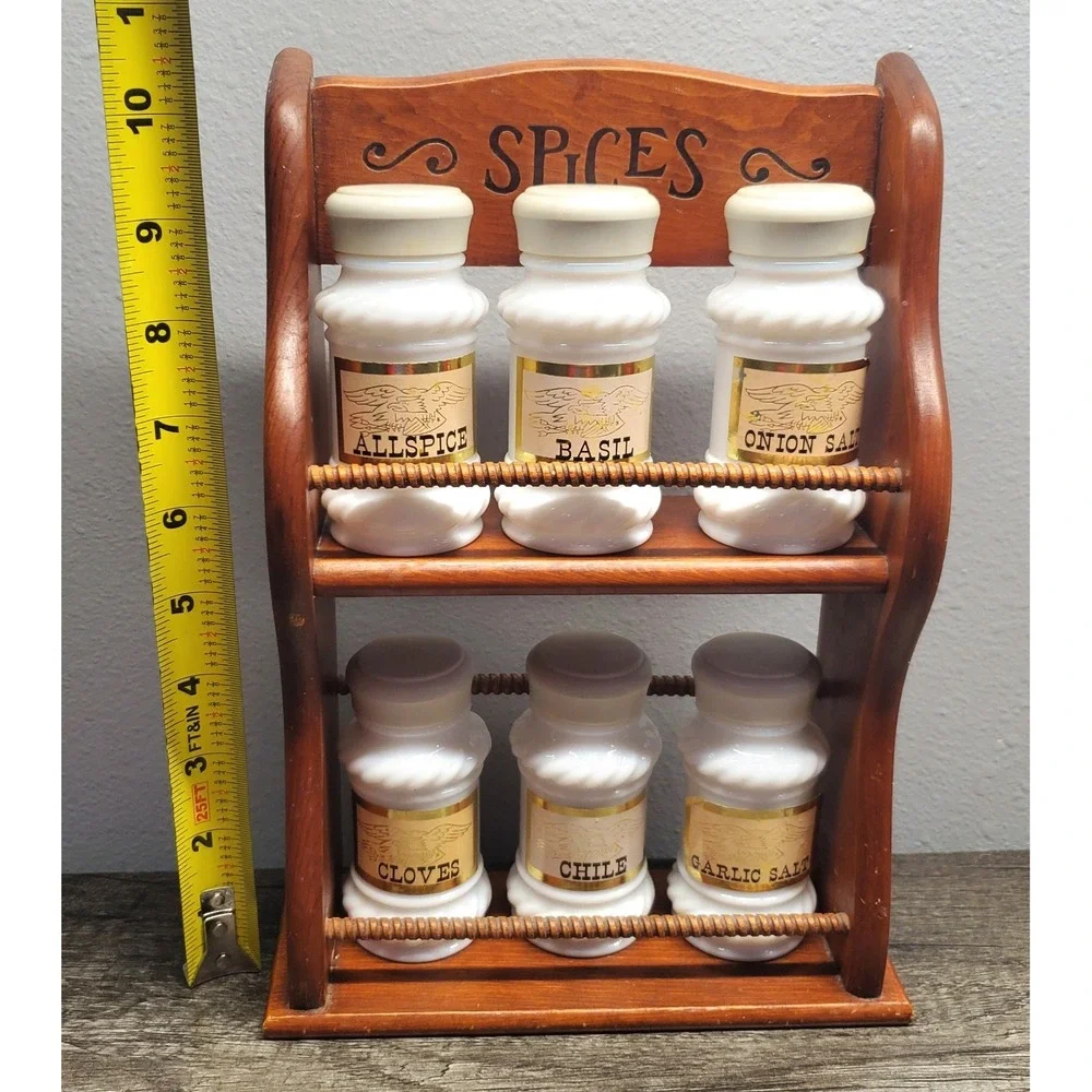 Vintage Double Tiered Wooden Spice Rack W/ 6 Milk Glass Spice Jars Farmhouse